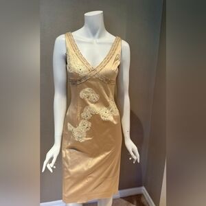 Papell Boutique Champagne Satin Chemise with Lace Details